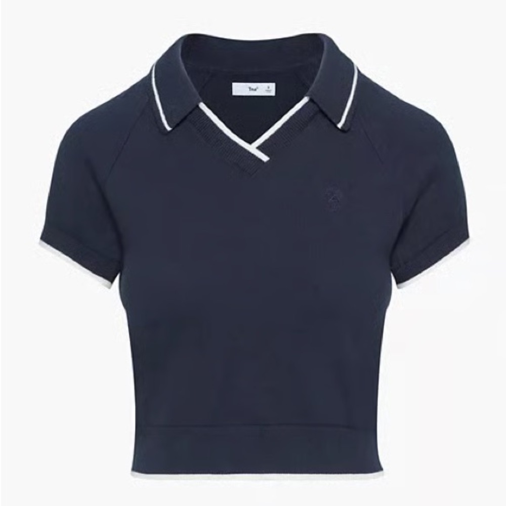 Aritzia Navy Cropped V-Neck Cotton Assembly Sweater Polo